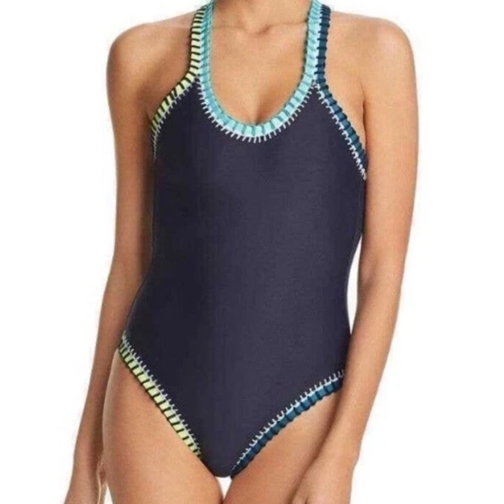 Platinum Swimwear Solange Ferrarini Navy Blue Crochet One Piece Swimsuit Large